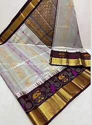 Silver and Chocolate color kuppadam pattu handloom saree with all over buties with kanchi border design -KUPP0055095