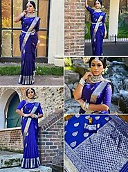 Royal Blue colour Lichi sarees with zari border saree design -LICH0000301