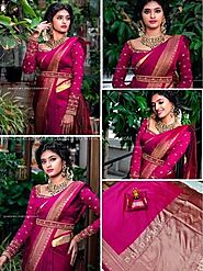 Dark Pink colour Lichi sarees with zari border saree design -LICH0000230
