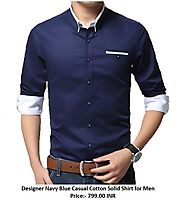 Designer Navy Blue Casual Cotton Solid Shirt for Men