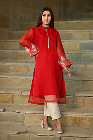 Red Organza Kurta with Embalished Sleeves | Buyzilla.pk