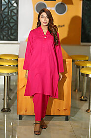 Azra Basic Kurta Trousar Hot Pink Colour with Detailed Neck | Buyzilla.pk