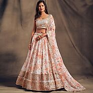 Buy Online White Floral Printed Semi-Stitched Lehenga with Dupatta | Trendferry