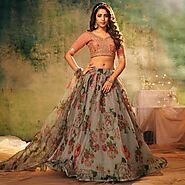 Lehenga Choli | Buy Online Grey Floral Printed Semi-Stitched Lehenga With Dupatta | Trendferry