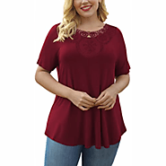 VERABENDI Womens Plus Size Tops Crochet Lace Trim Blouses Summer Dressy Pleated Tunic Tops Short Sleeve Tees Shirts M...