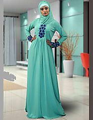 Abaya Maxi Kaftan Aline Style Style, Blue Color, Crepe Fabric, Green Color, Machine Work:Arabic Attire