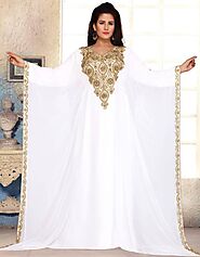 Abaya with golden establishments Copper Embroidered, Farasha Style, Georgette Fabric, Handmade, Newest, White Color:A...