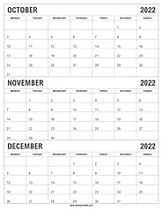 October November December 2022 Calendar Monday to Sunday