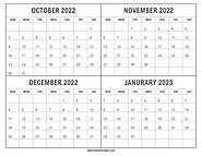 October 2022 to January 2023 Calendar Printable with Holidays