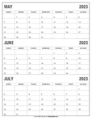 May to July 2023 Calendar Template | Three-month Calendar