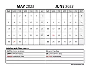 FREE Printable May June 2023 Calendar with Holidays