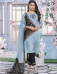 Air Force Blue Chanderi Silk Pant Salwar Kameez Air force Blue Embroidery With Thread and Hand Work:Arabic Attire