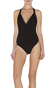 2014 Cutout Halter V-Neck Scalloped Michellii Black Herve Leger Swimwear [Cheap HL Swimsuit 0019 Black] - $104.00 : B...