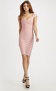 2014 Bandage V-Neck Herve Leger Cutout Pink Cap-Sleeves Dress