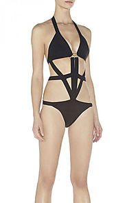 2014 V-Neck Herve Leger Black Sagan Hardware Detail One-Piece Swimsuit