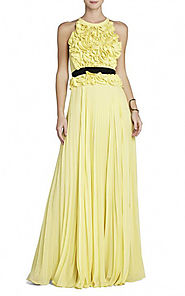 2015 Keyhole Back BCBG Round-Neck Yellow Calida Ruffled Evening Gown