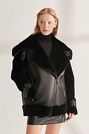 ISABELLA Women's Black Oversize Shearling Leather Jacket | Women's Shearling Leather Jacket Models
