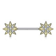 Gold Plated CZ Paved Starburst Ends 316L Surgical Steel Nipple Barbell – Pierced n Proud