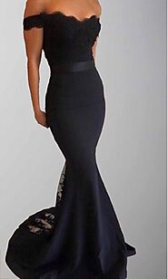 Black Applique Off Shoulder Long Bridesmaid Dresses KSP444