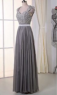 Gray Lace Cap Sleeves Long Bridesmaid Dresses KSP385