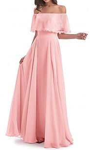 Off the Shoulder Long Pink Bridesmaid Dresses KSP647