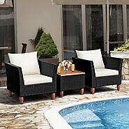 Outdoor Patio Rattan Furniture Set Wooden Coffee Table And 2 Cushioned Seat Sofa - Viideals