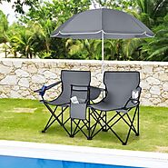 Foldable Picnic Camping Chairs Portable 2 Seater With Umbrella And Cooler Bag - Viideals