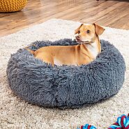 Round Pet Bed For Dog Self Warming Shag Fur Calming Gray - Viideals