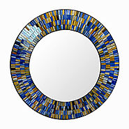 Handcrafted Mosaic Decorative Wall Mirror, 24" Round Wall Mirror Of Pastel Sea Blue, Indigo And Gold Yellow Colorful ...