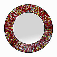 Handcrafted Mosaic Decorative Wall Mirror, 24" Round Wall Mirror Of Red, Orange Citrine And Gold Yellow Colorful Glas...