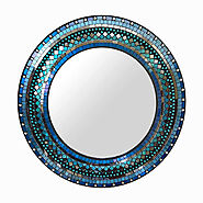 Handcrafted Mosaic Decorative Wall Mirror, 24" Round Wall Mirror Of Periwinkle & Royal Blue, Reflective Rainbow Glass...