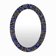 Handcrafted Mosaic Decorative Wall Mirror, Oval Wall Mirror of Pastel Sea Blue and Indigo, Gold Yellow Colorful Glass...