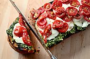 Grilled Bread with Pesto, Burrata and Tomatoes