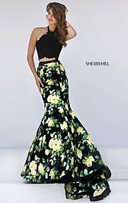 Sherri Hill 50026 Two-Piece 2016 Halter-Neck Black Floral Printed Mermaid Gown