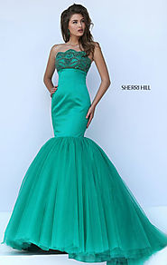 2016 Strapless Emerald Beaded Sherri Hill 50020 Scalloped Mermaid Gown