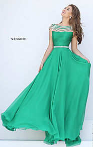 Sherri Hill 50414 Beaded Cap-Sleeves Long Ruched Prom Dresses Open-Back Emerald 2016 [Sherri Hill 50414 Emerald] - $2...