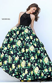 2016 Black/Yellow Floral Printed Halter-Neck Sherri Hill 50424 Long Prom Dresses