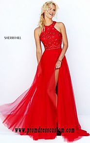 Sherri Hill 50225 Beaded 2016 Halter-Neck Red Bodice Long Slit Prom Dresses [Sherri Hill 50225 Red] - $220.00 : 2016 ...