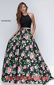 Black/Pink Floral Printed Scoop-Neck Sherri Hill 50337 Long Bodice Evening Gown 2016