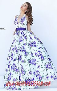 Open-Back Ivory/Purple Printed Sherri Hill 50472 Halter-Neck Long Prom Dresses 2016