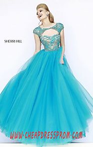 Beads Sherri Hill 11199 Boat-Neck Turquoise Cap-Sleeves 2016 Long Prom Dresses