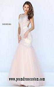 Beaded Sherri Hill 50290 Open-Back 2016 Blush Boat-Neck Long Sheer Prom Dresses