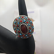 Afghan Massive Stone Kuchi Ring with Red and Turquoise Beads – Vintarust