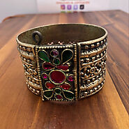 Vintage Kuchi Cuff Bracelet With Multicolor Glass Stones, Gypsy Cuff B – Vintarust