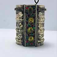 Golden Tribal Cuff Bracelet With Big Glass Stones, Vintage Boho Cuff B – Vintarust