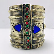 Tribal Cuff, Vintage Kuchi Cuff Bracelet With Blue Glass Stones, Gypsy Cuff Bracelet