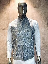 Vibha Amitt Designer Steel Grey Floral Nehru jacket