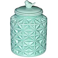 Turquoise Vintage Ceramic Kitchen Flour Canister / Cookie Jar w/ Abstract Star Design & Bird Topped Lid
