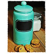 12" Large Turquoise Glossy Ceramic Cookie Jar Kitchen Canister w/ Vintage Style Black Chalk Board Label
