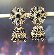 Unique Golden oxidized black stone Jhumki from India for delivery in Canada and USA | Krishna Collections Canada